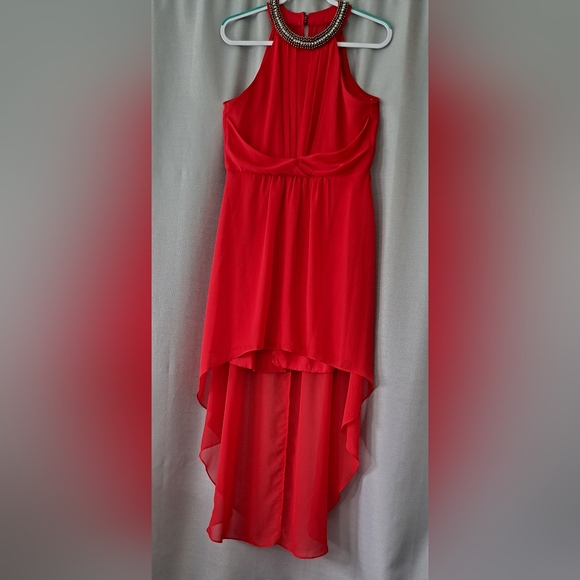 Junior Size 13/14 B. Darlin Formal Dress Tomatoe Red High Low Hem Pageant Wed - Picture 1 of 6